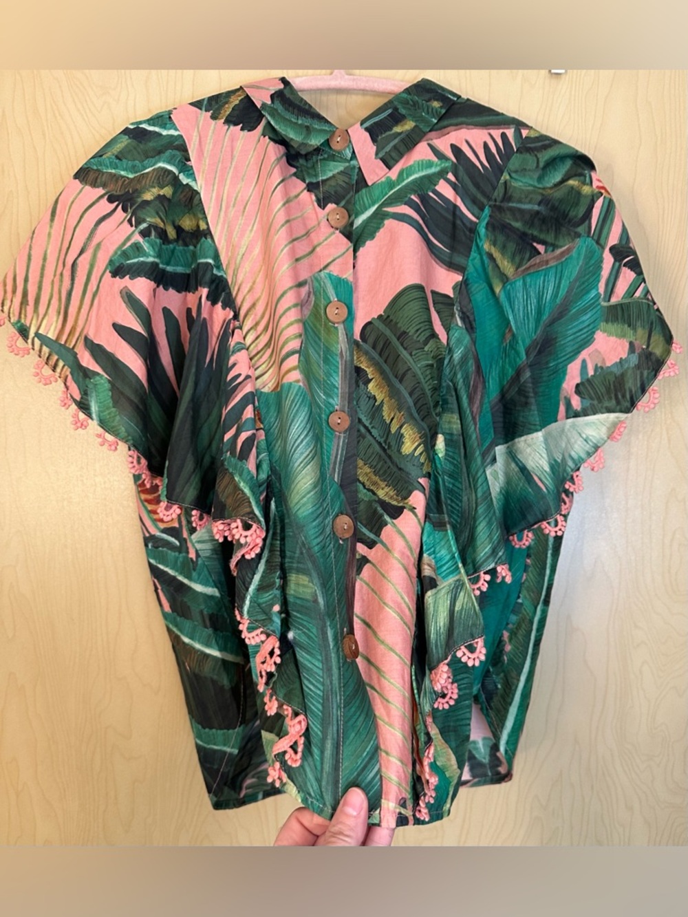 FARM Rio Pink and Green Tropical Leaf Ruffle Blouse - Picture 2 of 10